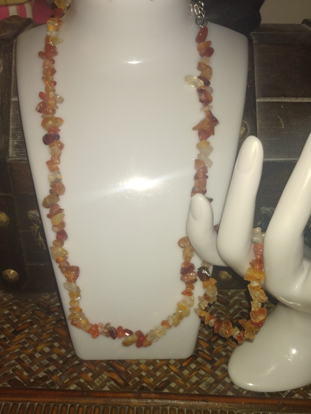 Carnillian Beaded Chip Necklace and Bracelet Set in Amber Tones - Women Jewelry